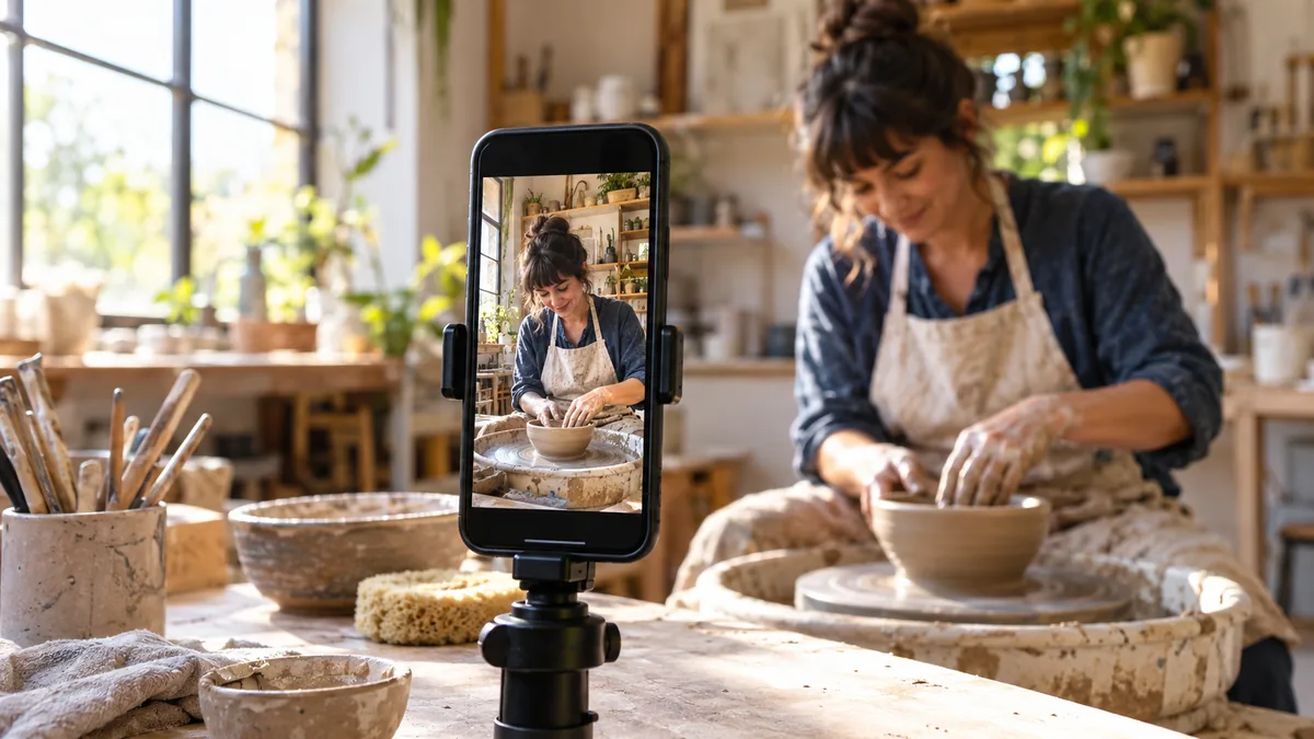 Editorial illustration of a vertically mounted smartphone filming a potter and clay bowl in a studio