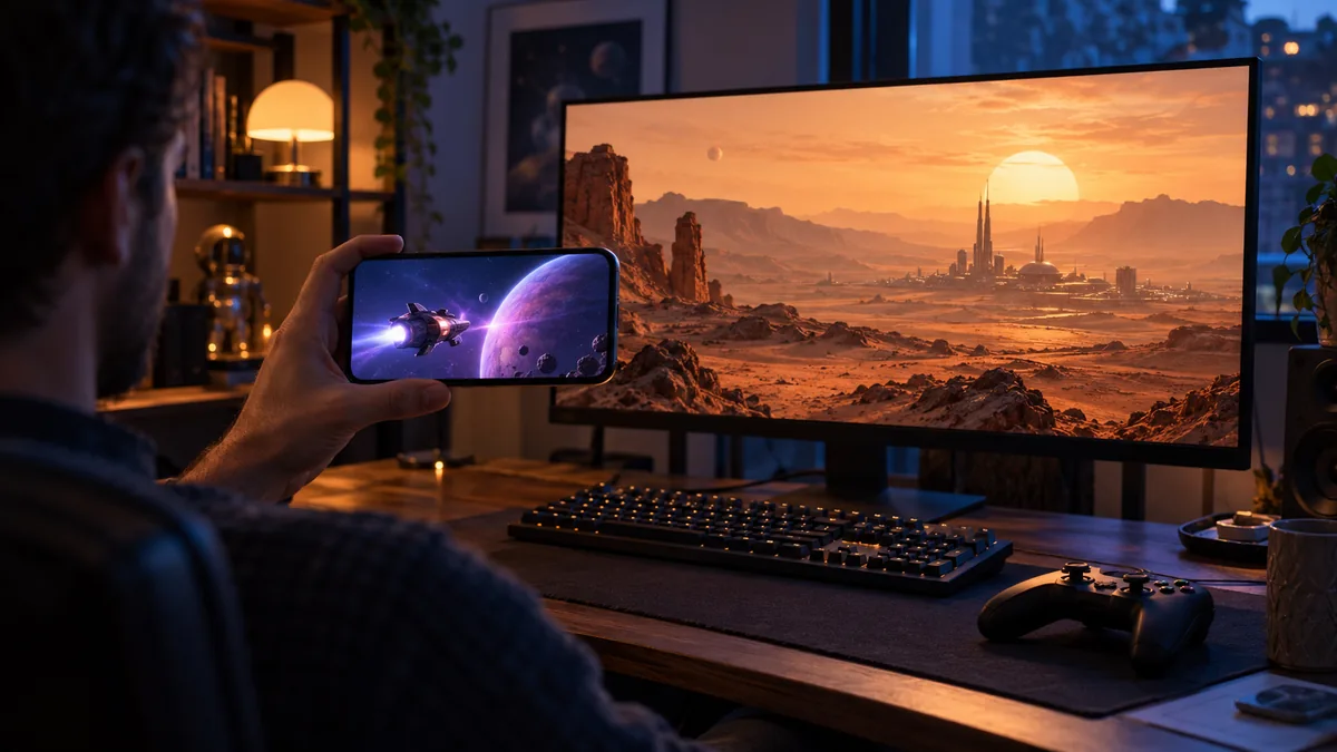 Conceptual editorial photograph comparing a handheld phone with a desktop monitor showing original space exploration artwork