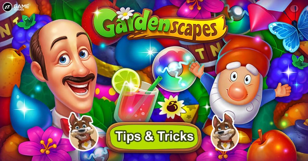 Gardenscapes game poster with a male character and a dog.