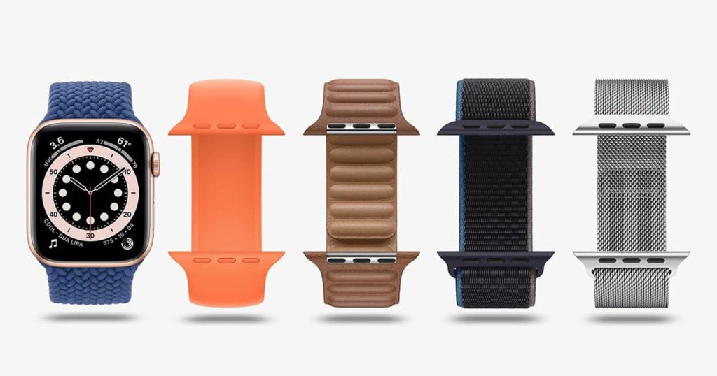 Five different straps for the Apple 6 Watch.