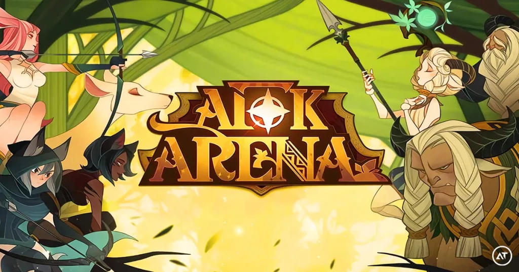 AFK Arena mobile game poster with female characters and Brutus, the lion hero.