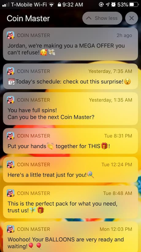 Screenshot of a phone screen crammed with Coin Master notification.