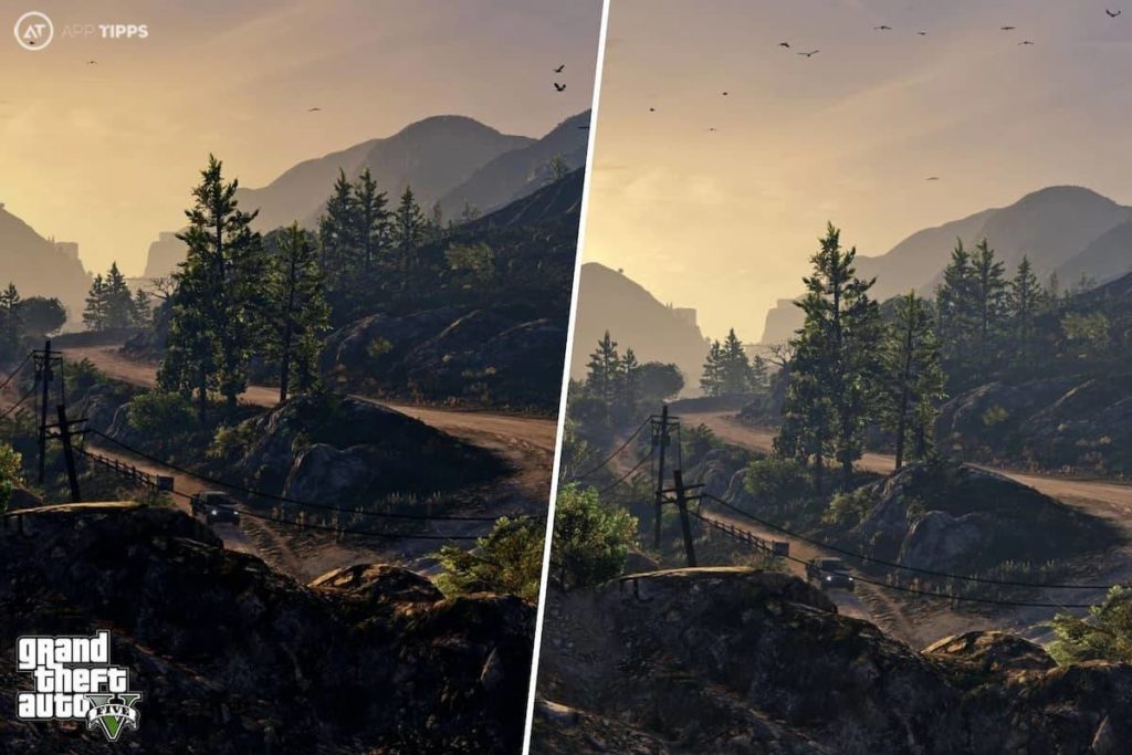 Grand Theft Auto V comparison image between graphics on PS4 and PS5.