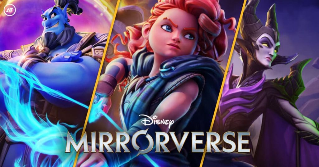 Disney Mirrorverse game poster with Genie, Merida, and Maleficent.