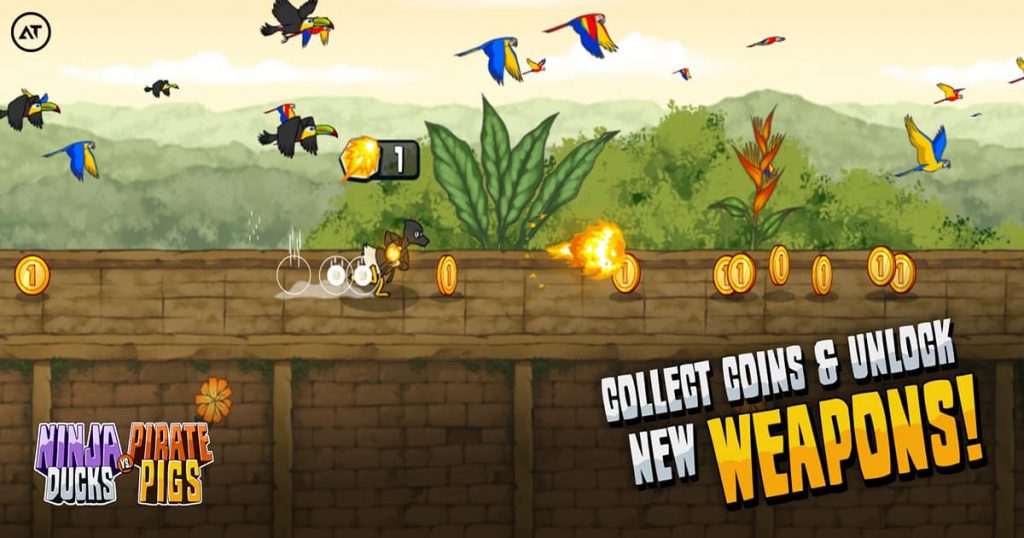 Collect coins & unlock new weapons in Ninja Ducks vs. Pirate Pigs.