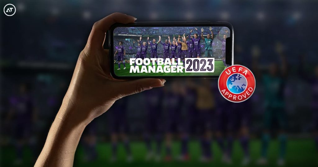 Football Manager 2023 launching screen on an Android smartphone.
